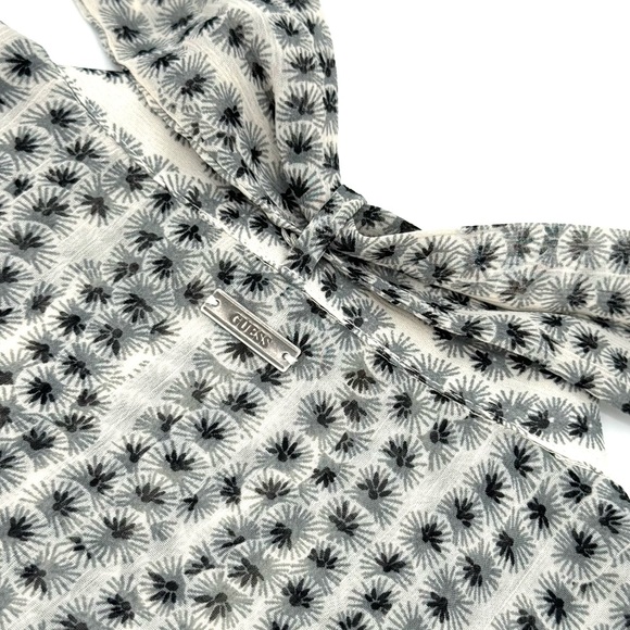 GUESS Sheer Paisley Tuxedo Pleated Ruffle Cap Sleeve Neck-tie Button Down Shirt - Picture 7 of 11